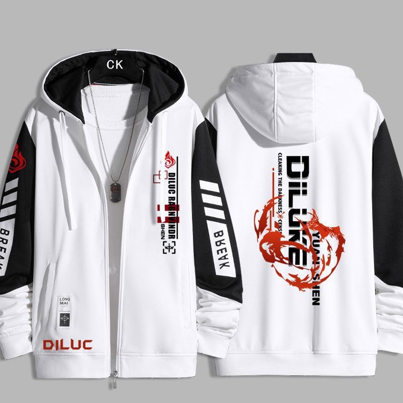 5y Genshin Tác Động Trò Chơi Diluc Áo Khoác Dây Kéo Áo Khoác Áo cardigan Áo Len Unisex Dài Tay Top Cosplay