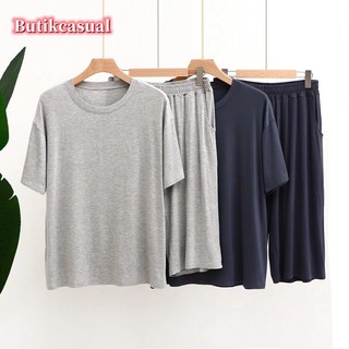 Nam 2 Chiếc Quần short Tay Ngắn Bộ modal cotton Áo Quần Bộ Đồng Bằng Rời Bộ Đồ Ngủ Thường Ngày Mùa Hè Mới Thoải Mái Cổ Tròn Bộ Đồ Ngủ Nam Phù Hợp Với L-3XL