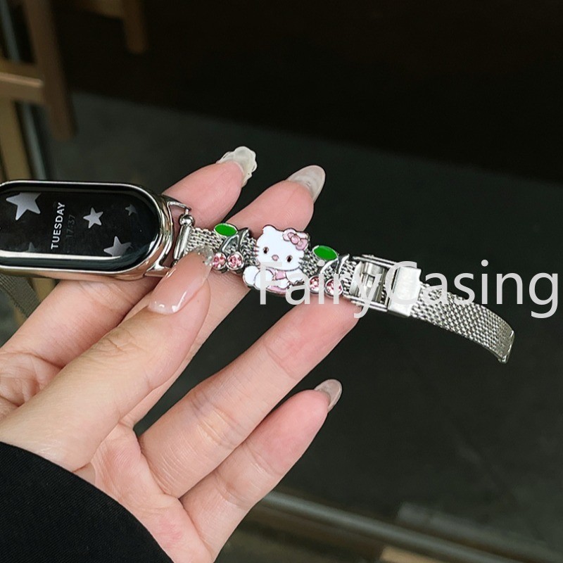 Dễ Thương KT Cat Flash Dây Thép Không Gỉ Cho Xiaomi Mi Band 10 9 8 Vòng Tay Kim Loại Thay Thế Dây Đeo Đồng Hồ Cho Miband 7 6 5 4 3 NFC Phụ Kiện