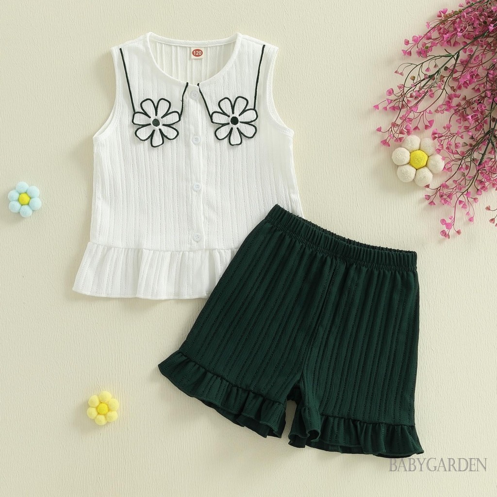 / / -6M-4Y Bé Gái Mùa Hè Bộ Màu Sắc Tương Phản Họa Tiết Hoa Cổ Tròn Áo Không Tay Và Quần Short Xù