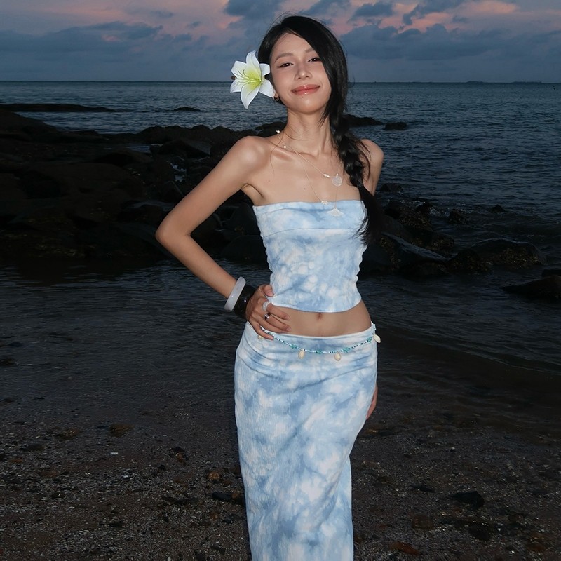 Klalien Wave Ripples Bộ Đồ Bikini Phù Hợp Đi Biển Mùa Hè, Kiểu Dáng Quấn Ngực VàCrop Top Kết Hợp Váy Hở Hông Lưng Cao
