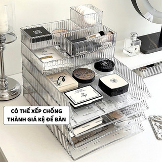 Khay Chia Ngăn Kéo Trong Suốt Vân Sọc, Khay Đựng Mỹ Phẩm Xếp Chồng Tiện Lợi Để Bàn - SUNND