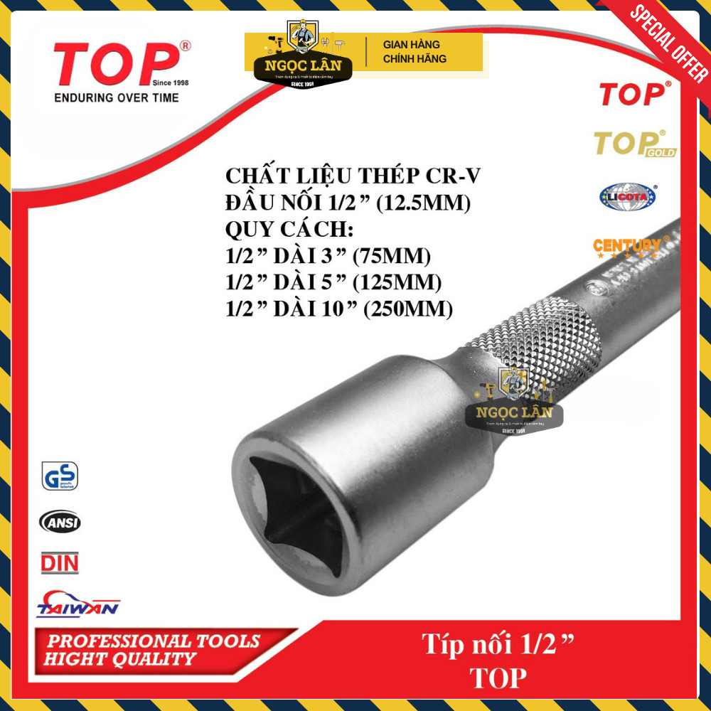 [Chính hãng TOP] Típ nối, đầu tuýp nối TOP 1/2", 1/4" dài đủ cỡ thép CRV cao cấp