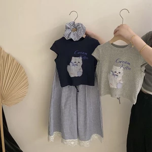 Bộ Đồ Bé Gái Bộ Đồ Bé Gái Phong Cách Mới Trẻ Em Quần Áo Mùa Hè Bé Gái In Hình Tay Ngắn Kẻ Sọc Quần Ống Rộng Bộ Đồ Hai Mảnh