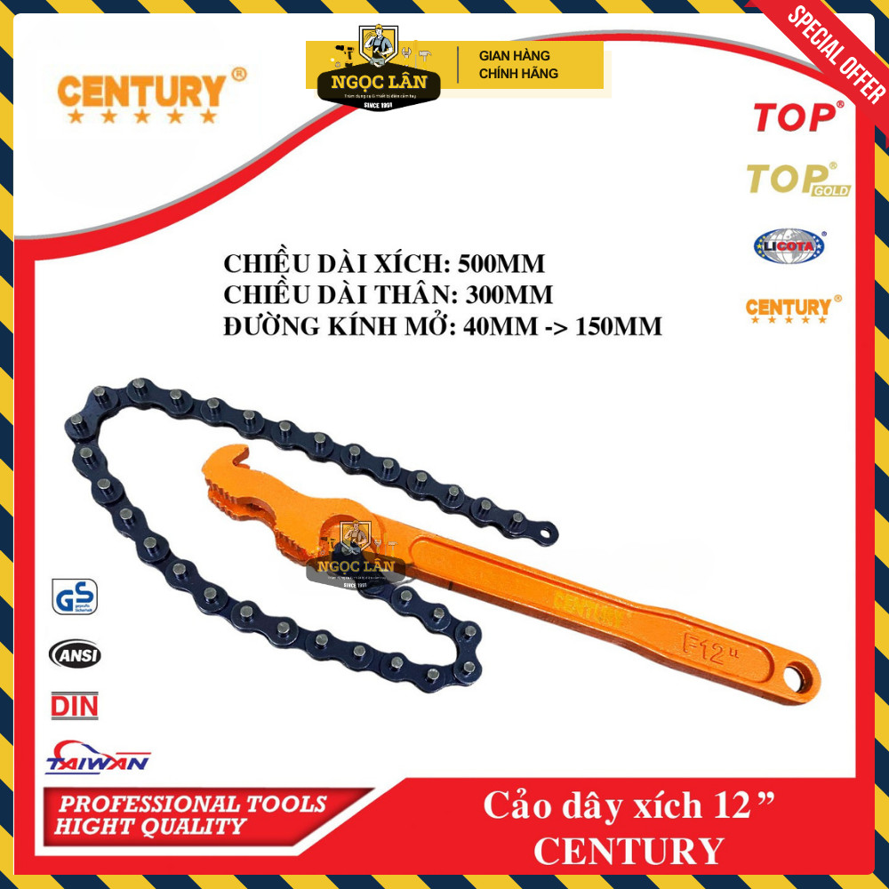 [Chính hãng] Cảo dây xích, cờ lê xích, mỏ lết xích CENTURY 12” 300mm thép CRV cao cấp
