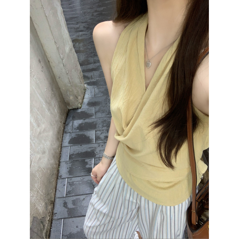 SUXI Áo sơ mi không tay cổ chữ V kiểu Pháp nhẹ nhàng, phù hợp mùa hè cho nữ