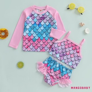 MG-Kids Girl 3 Bộ Đồ Bơi Mùa Hè Cá Quy Mô In Hình Áo hai dây Và Co Giãn Xù Quần Short Che Bộ Đồ Tắm