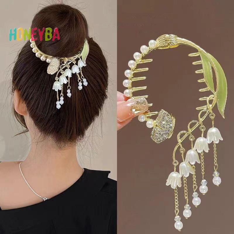 < Honeyba > Thuốc vuốt tóc thanh lịch Khóa đuôi ngựa Khóa đuôi ngựa Ngọc trai đính đá ngọc trai sel Kẹp băng đô Mũ đội đầu