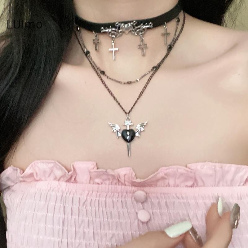 Trang sức LUImo - Dây chuyền Gothic tối punk vintage, đính hạt gai đinh tán hai lớp cho nữ