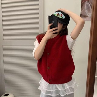 Áo Cardigan Len Màu Đỏ Phong Cách Vest Nhỏ Gọn, Thích Hợp Mùa Thu Đông