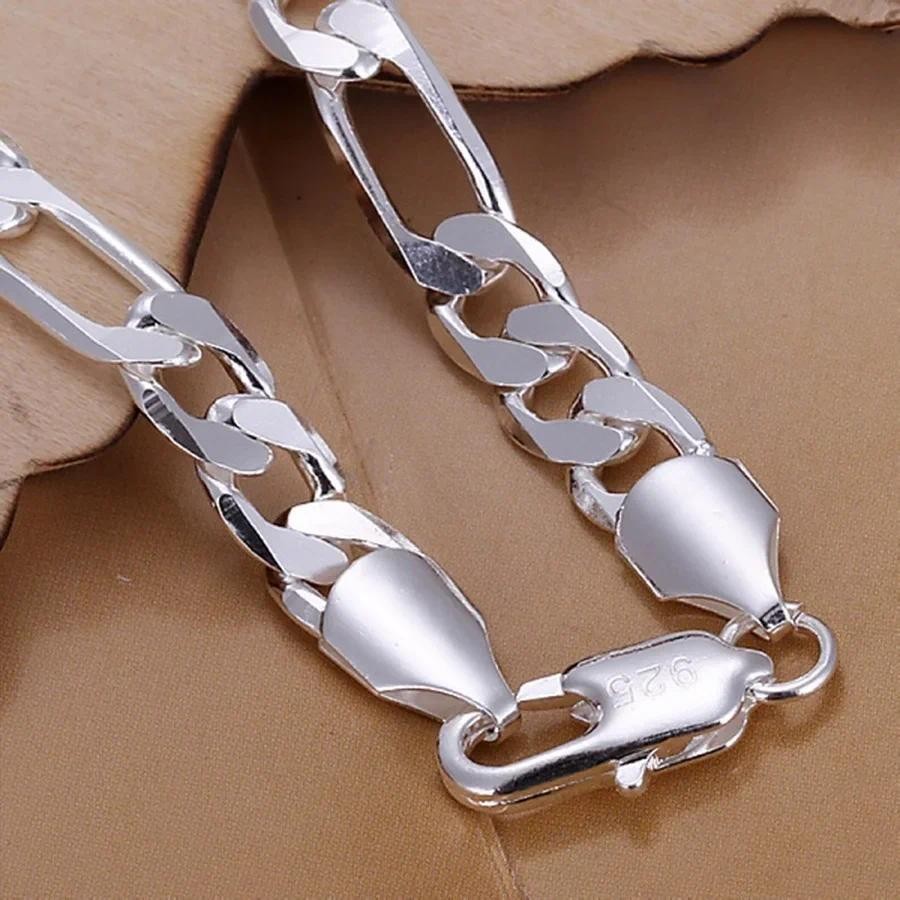 Fine 925 Vòng Tay Bạc 6-8 Mm Nam Nữ Dây Xích Cưới Trang Sức Thời Trang Figaro 20cm