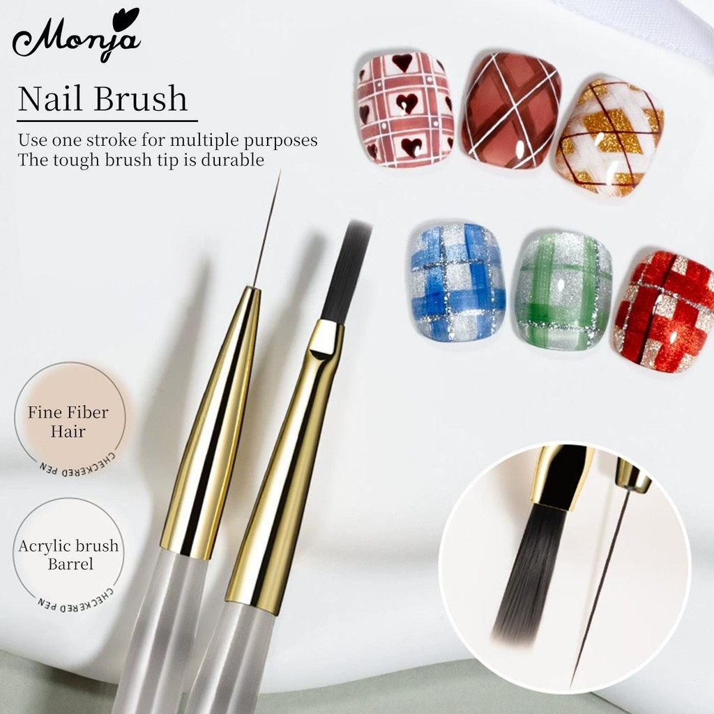 Monja 2 Chiếc Móng Tay Nghệ Thuật Bộ Kẻ Sọc Checkered Lưới Kiểm Tra Họa Tiết Lưới Mỏng Dài Lót Bàn Chải Bút Pháp Viền Nụ Cười Đường Sọc Tranh UV Gel Ba Lan Vẽ Dụng Cụ Làm Tay Bút làm móng