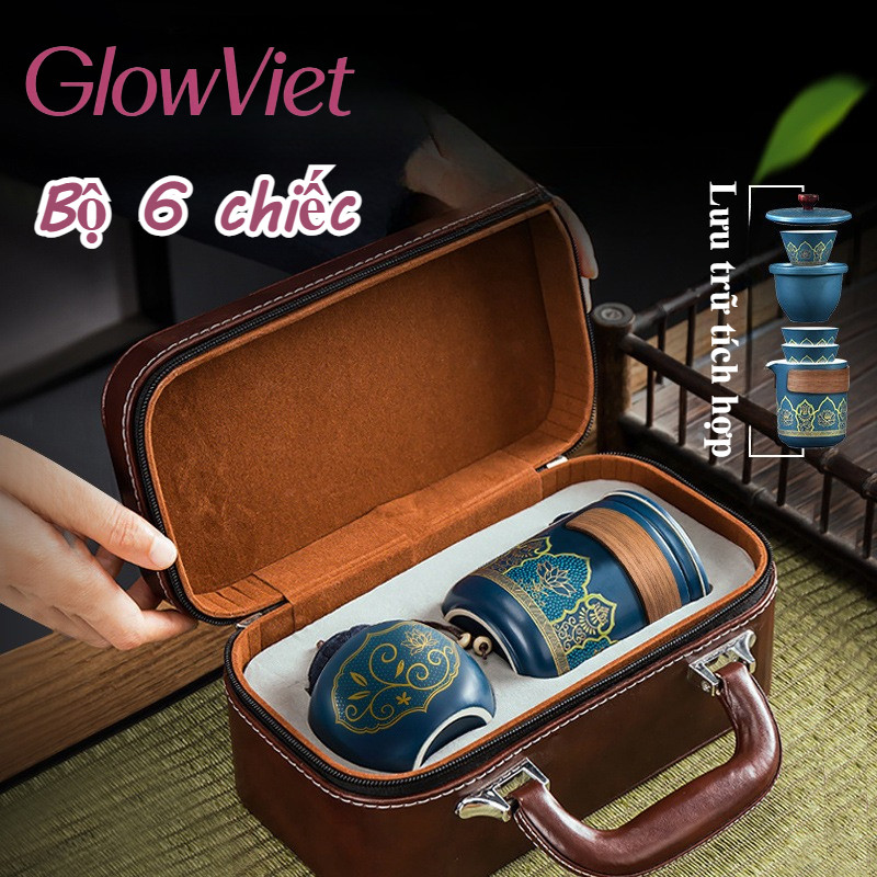 Bộ ấm trà du lịch 6 món, Gốm sứ tráng men cao cấp, kèm túi da sang trọng, tiện lợi mang đi mọi nơi