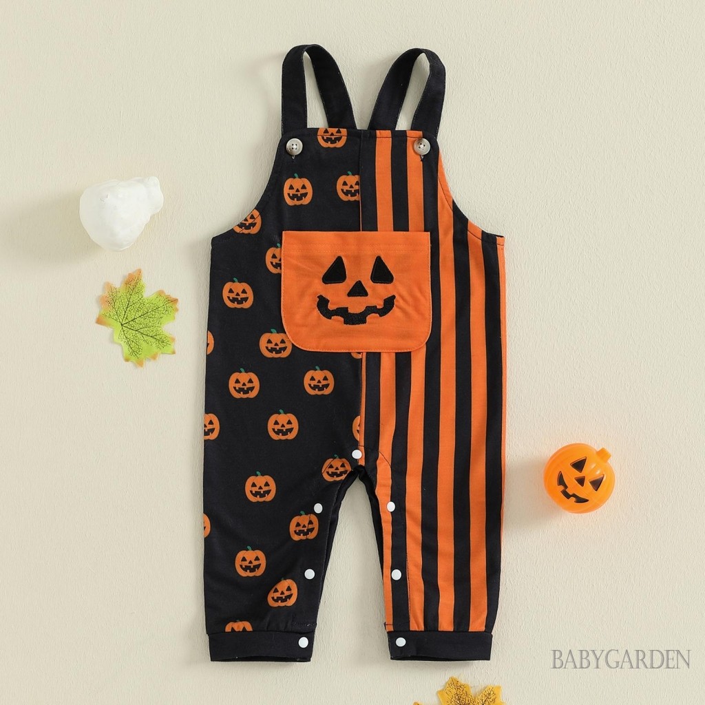 Bộ áo liền quần tổng thể cho bé Halloween Áo liền quần không tay cổ vuông in hình bí ngô cho mùa thu