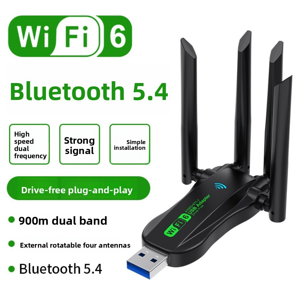 Bộ chuyển đổi USB WiFi6 băng tần kép FUHUIOT, AX900 Bluetooth 5.4 900Mbps WiFi Dongle, Thiết bị mạng 4 Ăng-ten Giao diện USB mạnh mẽ Thẻ mạng không dây cho máy tính / PC / máy tính bảng