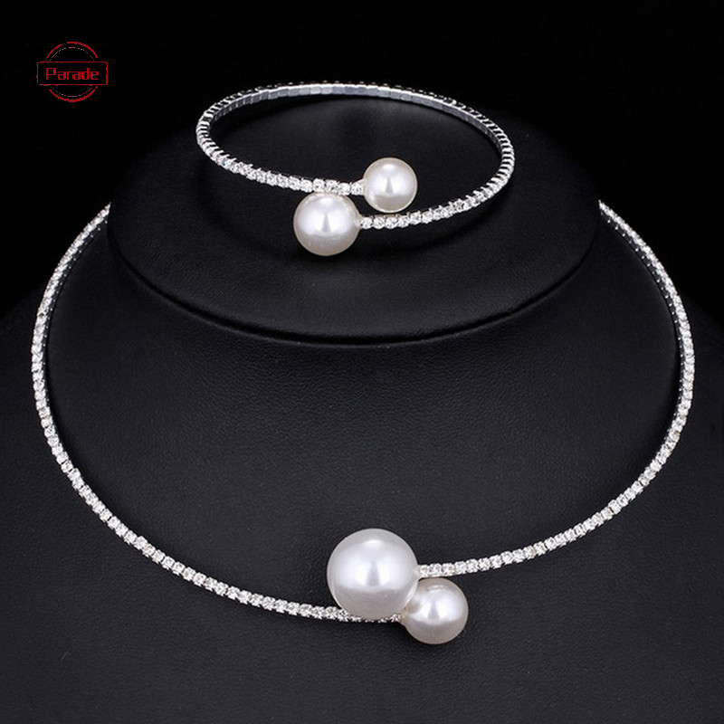 Diễu Hành Thời Trang Đơn Giản Mô Phỏng Ngọc Trai Cô Dâu Bộ Trang Sức Có Thể Điều Chỉnh Vòng Cổ Vòng Tay Nữ Pha Lê Cưới Trang Sức Quà Tặng VN