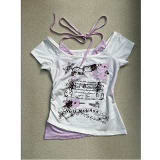 Ngoại Thương Mỹ Retro Vintage Giả Hai Mảnh quây Áo Thun Ngắn Tay Nữ Dây Cổ Thời Trung Cổ Slim-Fit Ngắn Top
