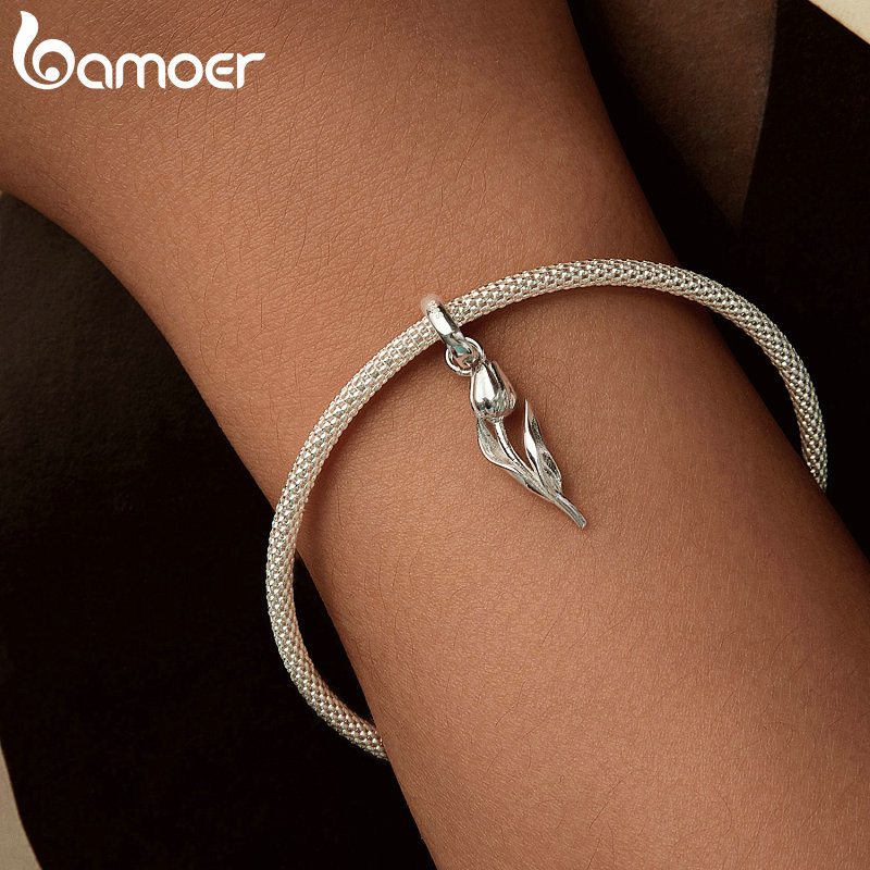 Bamoer 925 Sterling Sliver Charm Bướm Tulip Phalaenopsis Mặt Dây Chuyền Phụ Kiện Cho Vòng Tay
