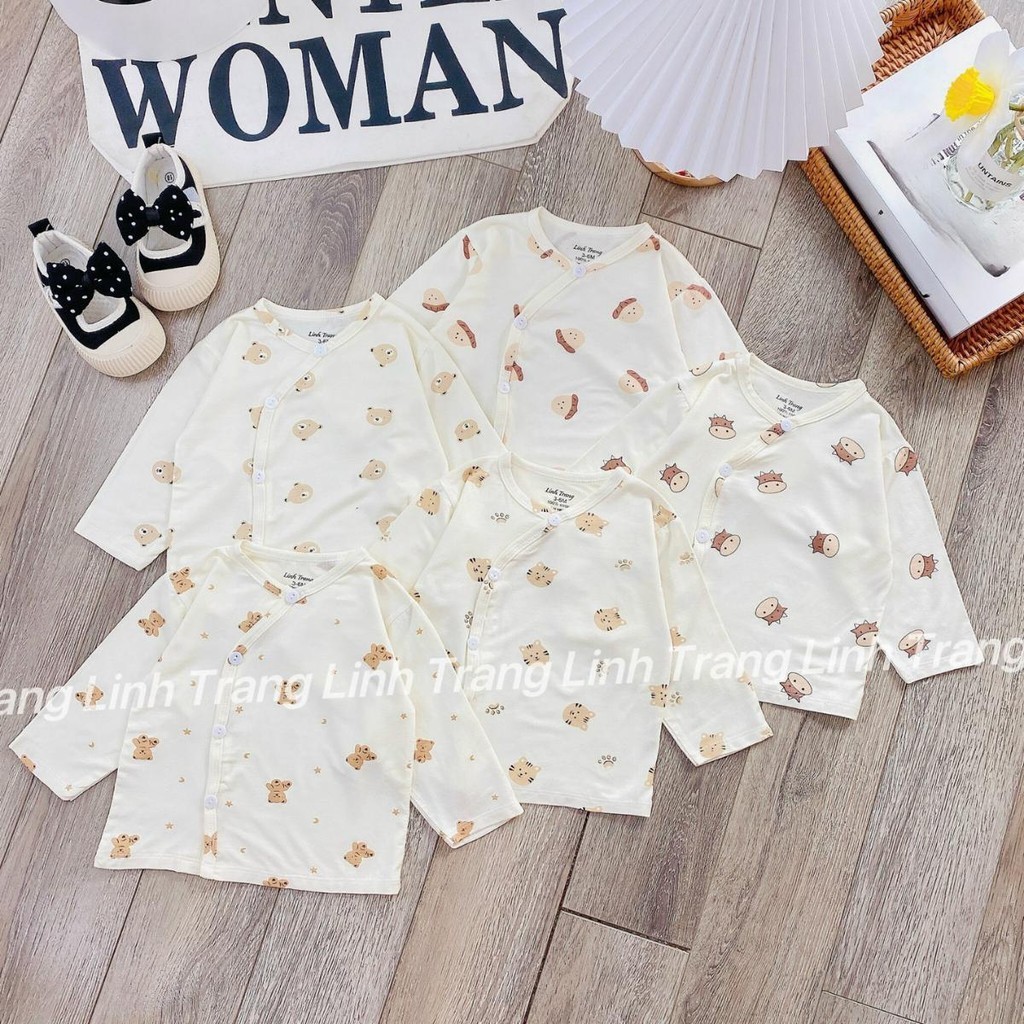 Combo 5 Áo dài tay sơ sinh vạt chéo thun lạnh phối màu LT in hoạ tiết cho bé 0 - 9 tháng  Đậu Đậu Store AL006