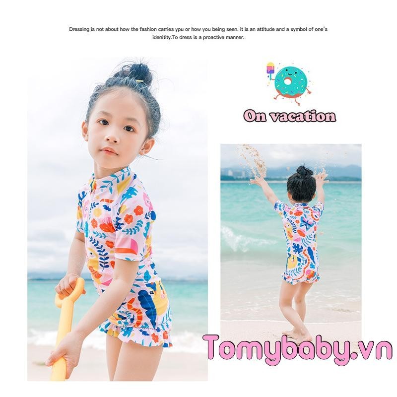 Đồ Bơi Bé Gái Nhiều Màu Sắc In Hình Hoạt Hình Xù Viền Tay Ngắn Dây Kéo Đồ Bơi