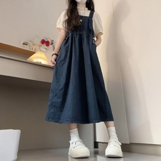 Hai Cái / bộ Ngọt Ngào Phong Cách Preppy Retro Giảm Tuổi Dây Đeo Denim Nữ Sinh Viên + Áo Sơ Mi Tay Ngắn Cổ Đứng 8.