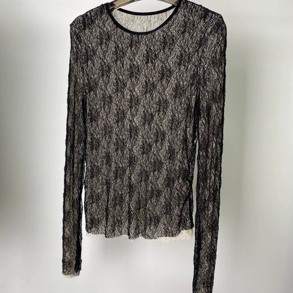 Milyfashion Rời Kích Thước Lớn Thường Ngày Độ Đàn Hồi Cao Xếp Ly Ren Đôi Áo Sơ Mi Nhỏ Thiết Kế Không Đều Đáy Áo Sơ Mi Phong Cách Mới Phối Màu Sắc Hơi Trong Suốt