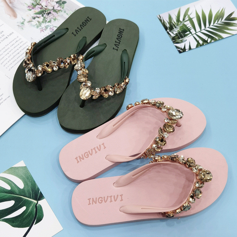 Dép Sandal Đi Biển Thời Trang Mùa Hè Dép: Kim Cương Giả Nữ Đế Bằng Flip-Flops Thiết Kế Bên Ngoài Mặc Thường Ngày Chống Trơn Trượt Dép Mùa Hè