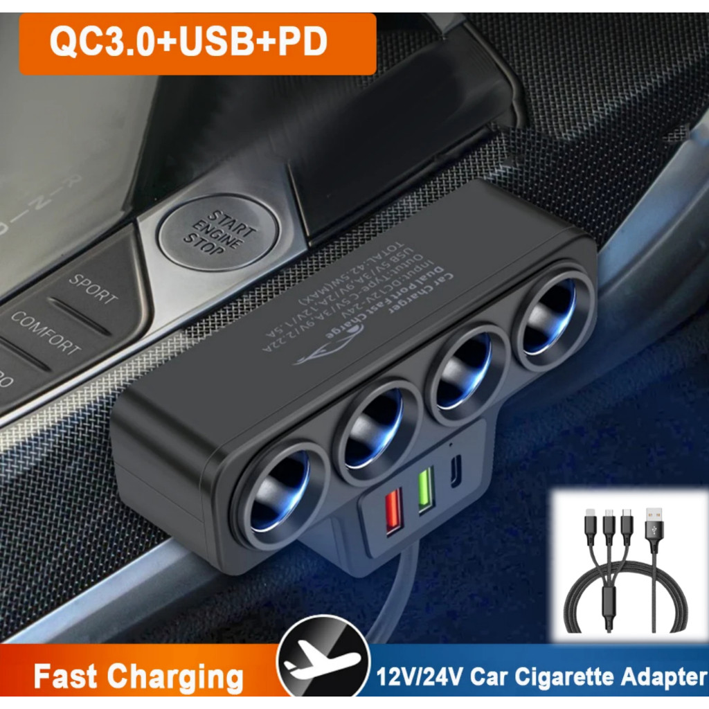 Bộ chuyển đổi bật lửa thuốc lá ô tô 120W 4 in1 12V / 24V Ổ cắm USB QC3.0 PD3.1A Bộ sạc nhanh ô tô Cắm chuyển đổi điện trên ô tô Sạc nhanh cho tất cả các điện thoại