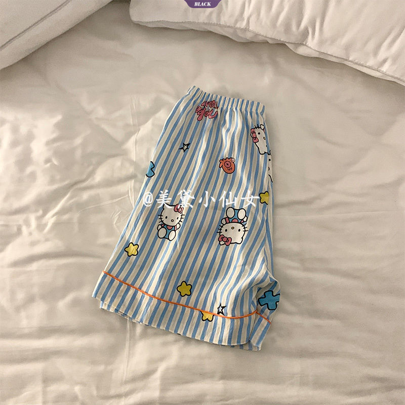 Ins Bộ Đồ Ngủ HelloKitty Dễ Thương Nữ Mùa Hè Sọc Ngắn Tay Quần Short Nhật Bản Mỹ Bé Gái Homewear Suit [BL]