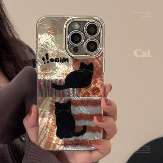 Phim bảo vệ ống kính Vỏ điện thoại sọc nâu mèo đen dễ thương cho iPhone 17Promax 17Pro 16 15 14 13 12 11 Pro Max 15Plus Vỏ di động chống sốc