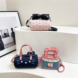 2026 Sweet Hello Kitty Thời Trang Denim Kẻ Sọc Dây Kéo Túi Đeo Vai Đơn