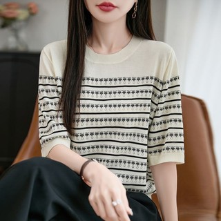Sọc Dệt Kim Tay Ngắn Mùa Hè Nữ Phong Cách Mới Rỗng Rời Màn Hình Thiết Kế Đi Lại Đơn Giản Cổ Tròn Top 2025