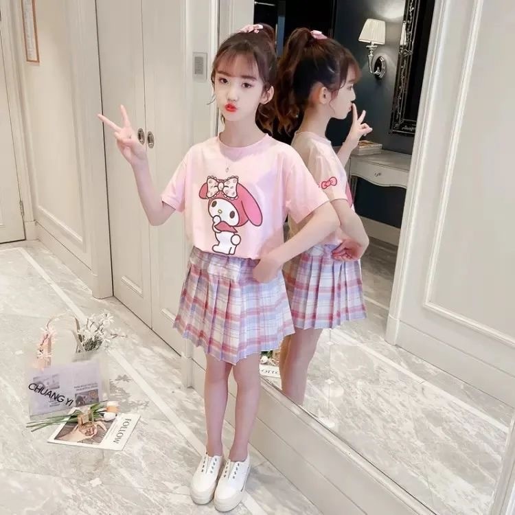 YT2 Bộ phong cách đi học mùa hè cho bé gái váy ngắn hoạt hình Bộ 2 món Cinnamoroll mymelody TY2