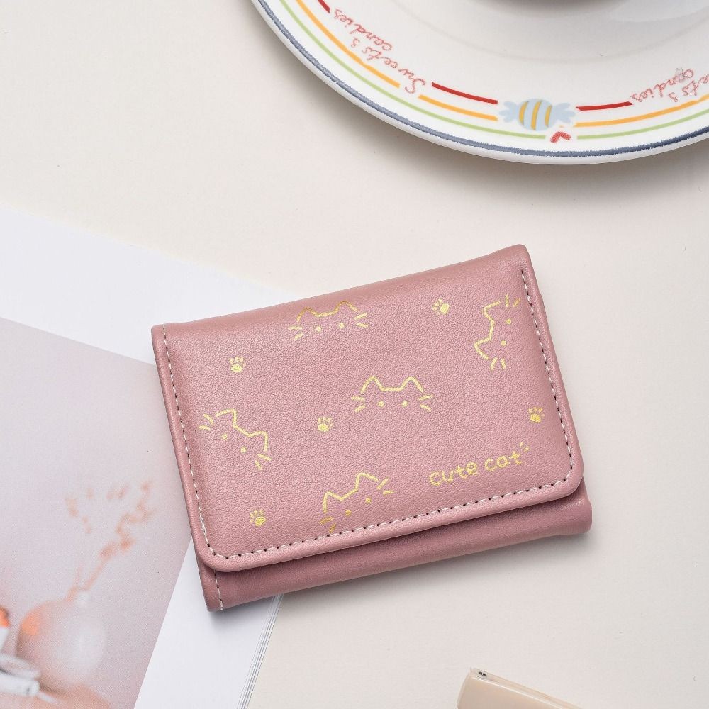 [DEMO3] Ví in hình mèo con, 3 lần Ví nhỏ ngắn dễ thương cho chó con dễ thương, Ví đựng tiền xu phong cách PU cổ điển dành cho bé gái Quà tặng học sinh