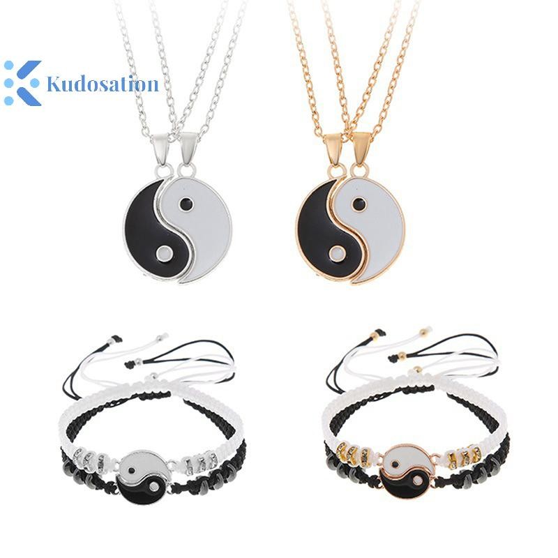 Kudosation 2 Chiếc Thái Cực Dương Cặp Đôi Mặt Dây Chuyền & Vòng Tay Bím Dây Xích Điều Chỉnh, Phù Hợp Người Yêu, Choker