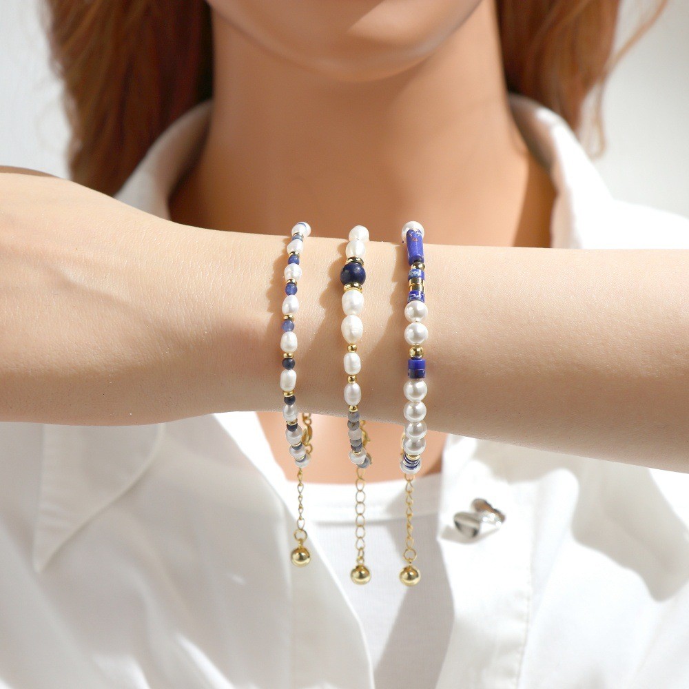 Vòng tay đính cườm tay | Kết hợp ngọc trai Baroque và Lapis Lazuli | Trang sức xếp chồng Niche sang trọng nhẹ