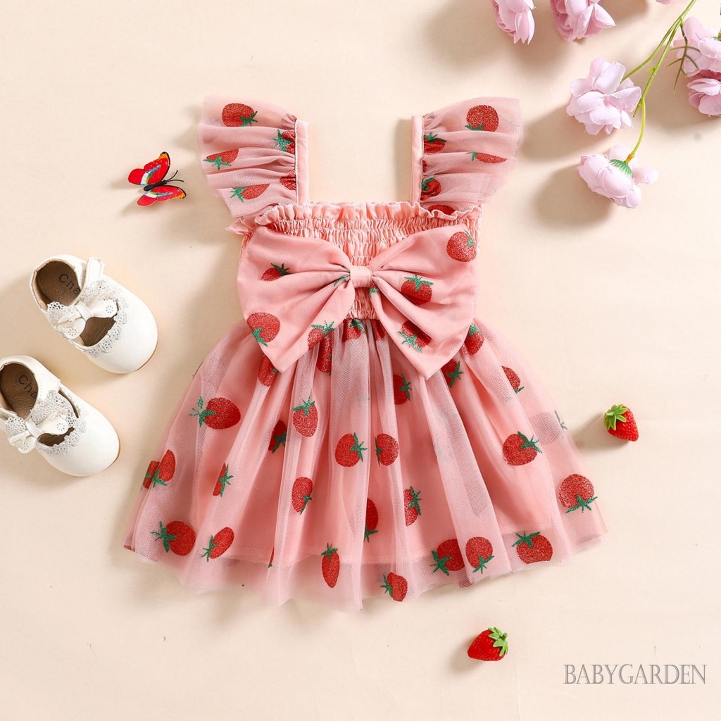 / / -Baby Girl Ruffle Tay Vuông Cổ Dâu In Hình Công Chúa Tulle