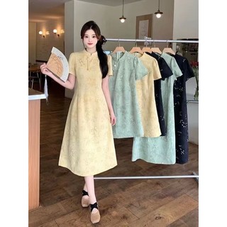 [Đầm sườn xám Trung Quốc cải tiến 40-100kg] Đầm cỡ lớn dành cho nữ Váy sườn xám sang trọng sang trọng béo mm Váy ngắn tay mới của Trung Quốc mùa hè Váy một mảnh rộng hẹp Váy chữ a sang trọng Quần áo nữ cỡ lớn