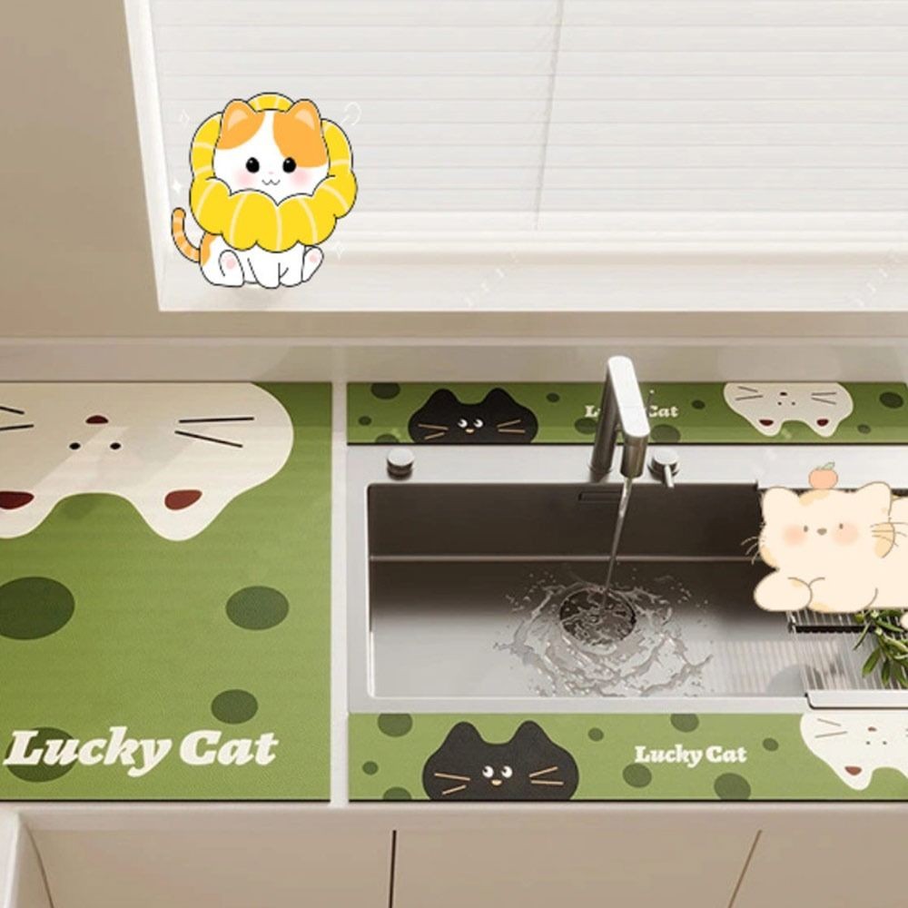 Thảm thấm bồn rửa SLICELLIFE, Thảm thoát nước vòi Lucky Cat 10x60cm, Tấm lót cà phê hoạt hình chống trượt dễ thương có thể giặt được Phòng tắm nhà bếp
