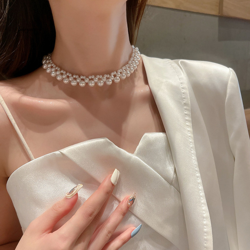 Vòng cổ chocker ngọc trai giả vintage màu trắng, phụ kiện trang sức thanh lịch cho cô dâu