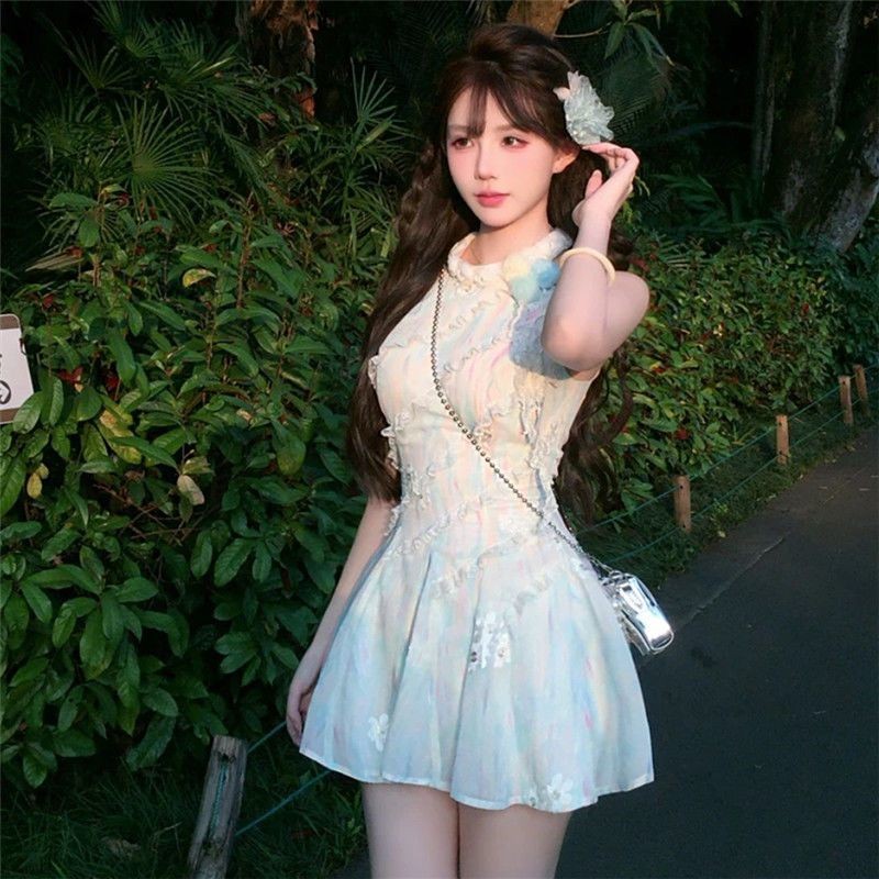 [Yu]Váy dài không tay kiểu Pháp Rishi, màu xanh hoa nhài, thiết kế eo thon, ngọt ngào hè này.