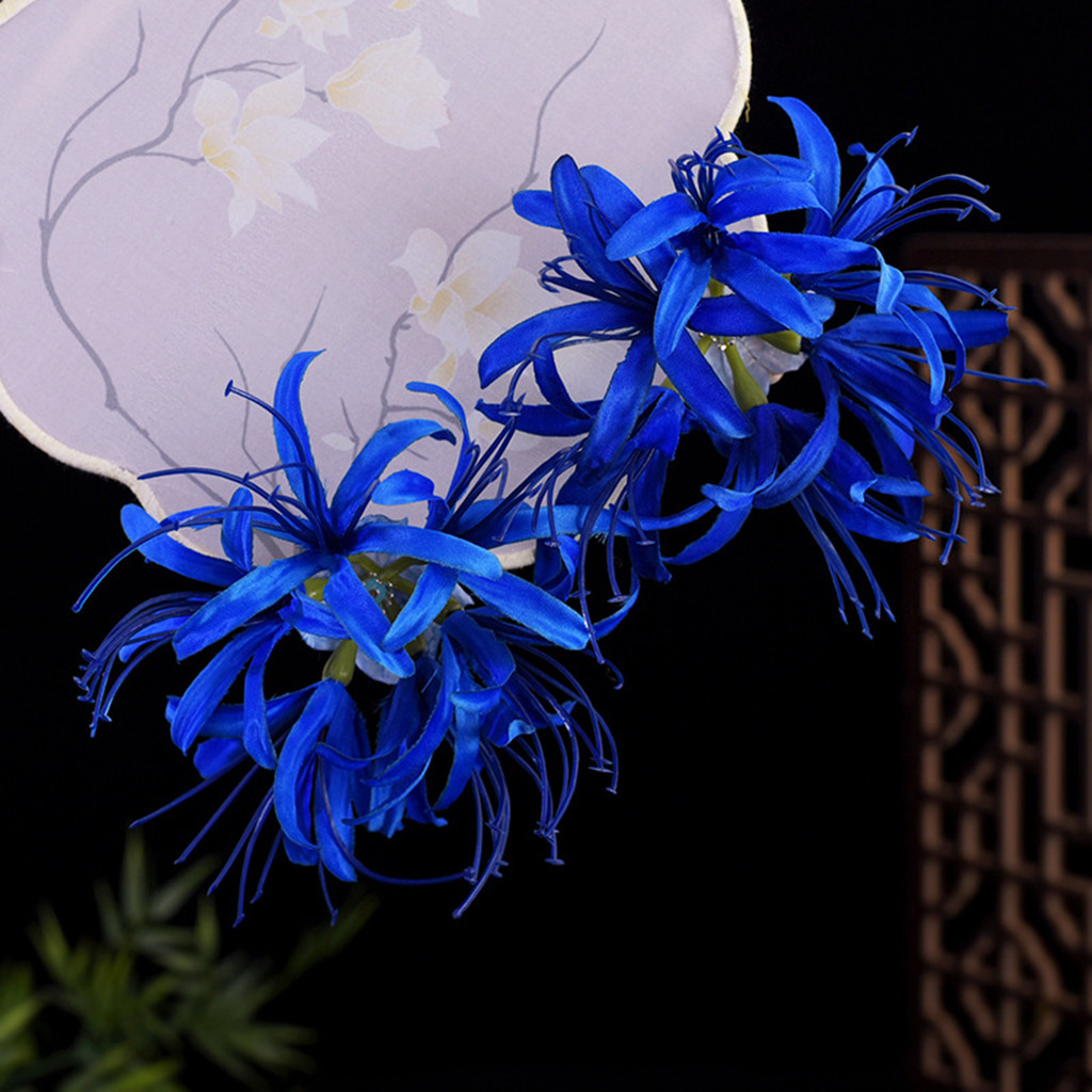 Phụ Nữ Màu Xanh Manjusaka Tóc Handmade Vintage Tua Rua Cặp Tóc Cho Phù Dâu Tiệc Cưới