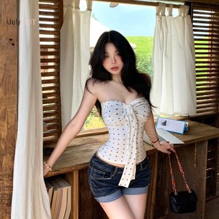Camisole chấm bi nữ mùa hè, nơ ruy băng ngọt ngào, gợi cảm