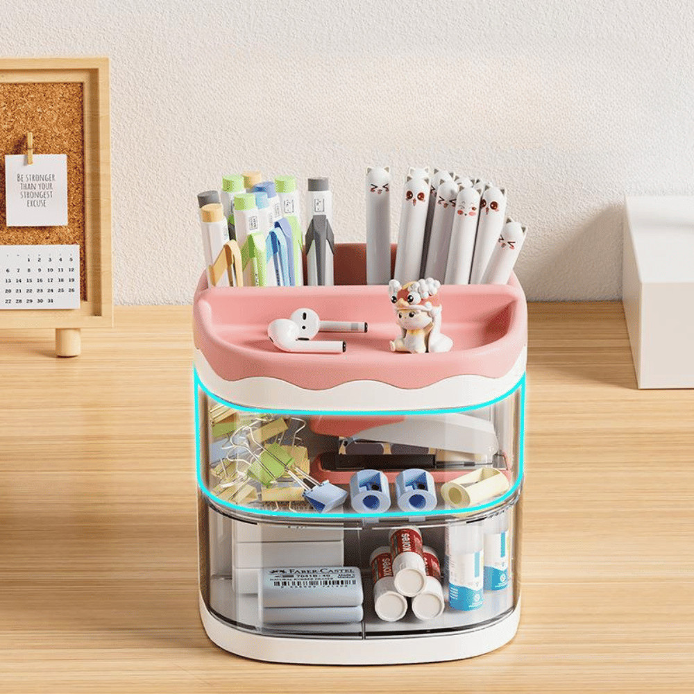 Ống Đựng Bút 3 Tầng Có Ngăn Kéo DinoHome, Hộp Đựng Đồ Dùng Học Tập Văn Phòng Xoay Tiện Lợi