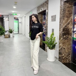 Quần Jean nữ GUNO Cạp Cao Ống Suông Trơn Màu Quần Bò Nữ Ống Rộng Dáng Suông SP5 25QG41