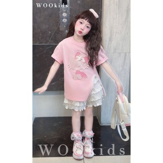 Áo Thun Bé Gái Họa Tiết Hello Kitty Đính Kim Tuyến – Áo Cotton Ngắn Tay Kèm Ren Ngọt Ngào