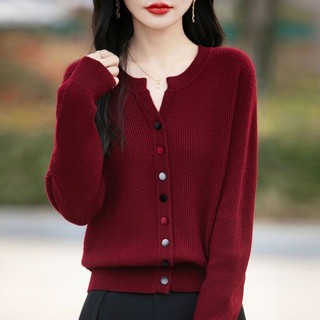 Áo cardigan len dệt kim dáng rộng màu xám phù hợp Xuân Thu Đông