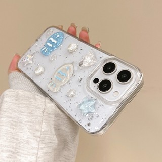 3D Ngôi Sao Xanh Cá Bạc Lá Nhựa Ốp Lưng Điện Thoại iPhone 17 Pro Max 16 15 14 13 12 11 Vỏ Bảo Vệ Chống Sốc