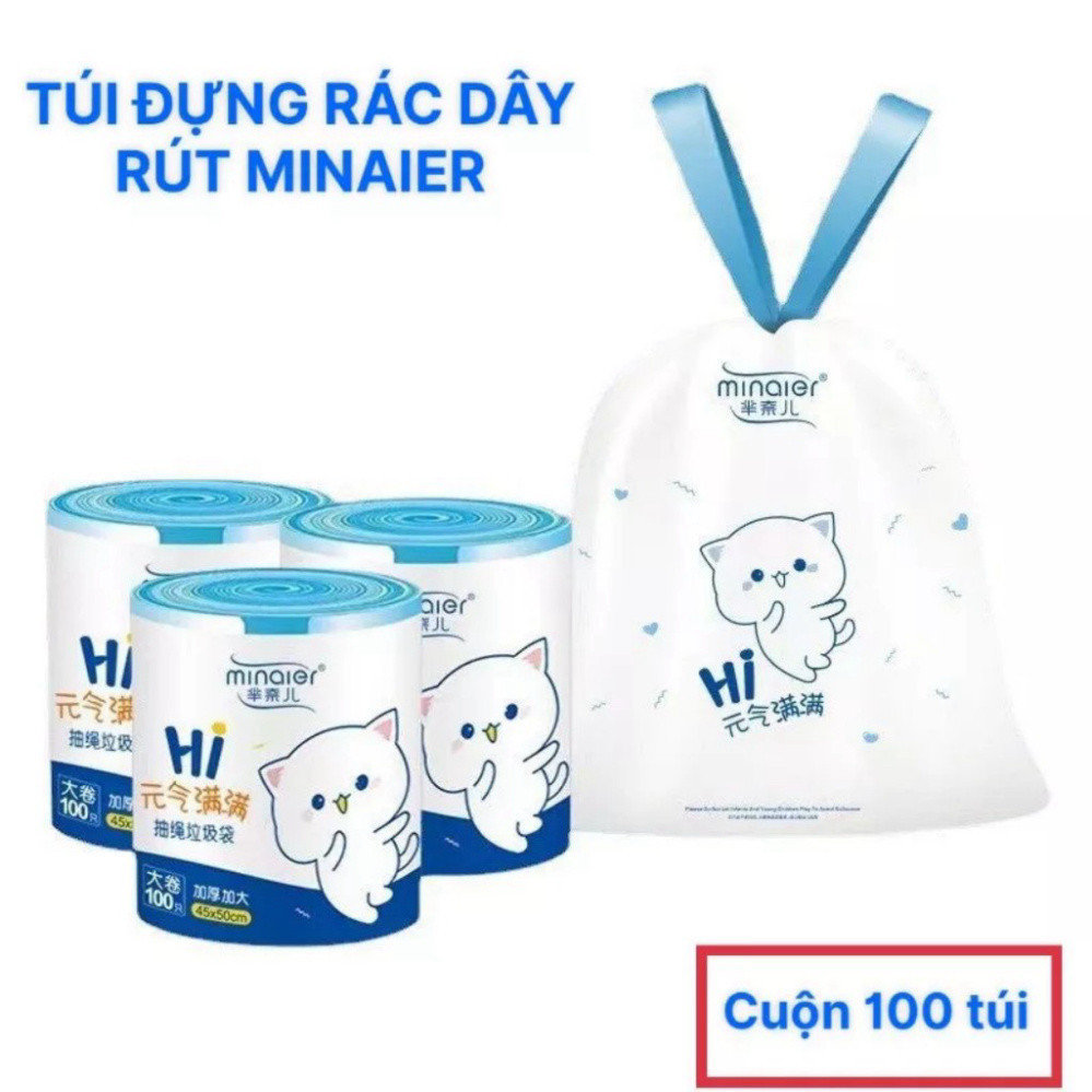 Túi Đựng Rác, Cuộn 100 Túi Có Quai Rút, Tự Huỷ Sinh Học, Kích Thước 45 x 50 cm, Siêu Dai, Chịu Nhiệt
