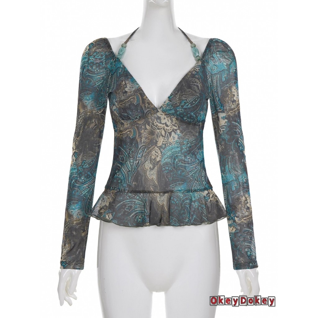 Áo sơ mi crop-top dài tay cổ chữ V sâu in hoa, form slim fit dành cho nữ